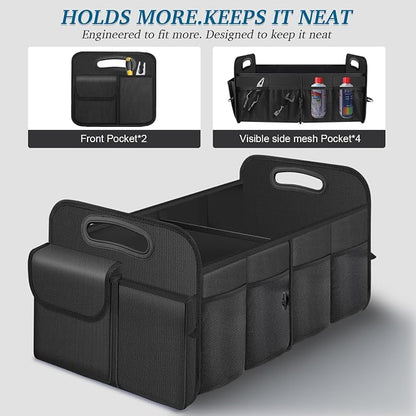 Trunk Organizer, Collapsible Waterproof car Trunk Organizer for SUVs & Sedans, Car Storage Organizers with Reinforced Handles, Car Accessories for Women and Men, 2 Compartments, 52L, Black