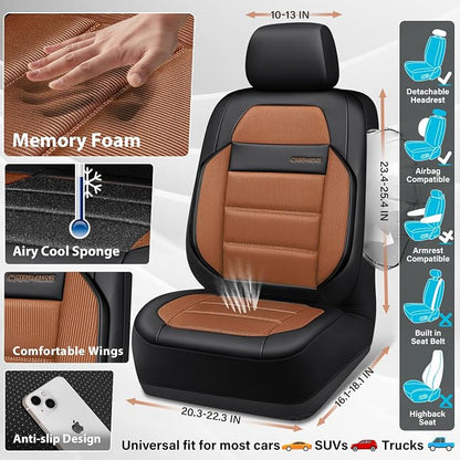 CAR PASS Memory Foam Seat Covers Full Sets, Airy Cool Mesh Thick Car Seat Covers, Leather Car Seat Covers 5 Seats Airbag Compatible, Universal Automotive Comfort for Most Cars, Trucks, SUV, Brown