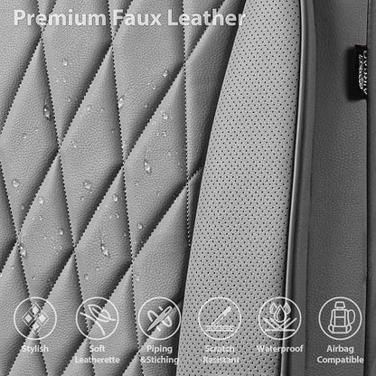 CAR PASS Piping Luxury PU Leather Two Front Car Seat Covers, Waterproof Anti Slip Seat Covers Compatible with Front Seat Armrests,Universal Fit for Suvs,Vans,Trucks,Airbag Compatible(All Gray)