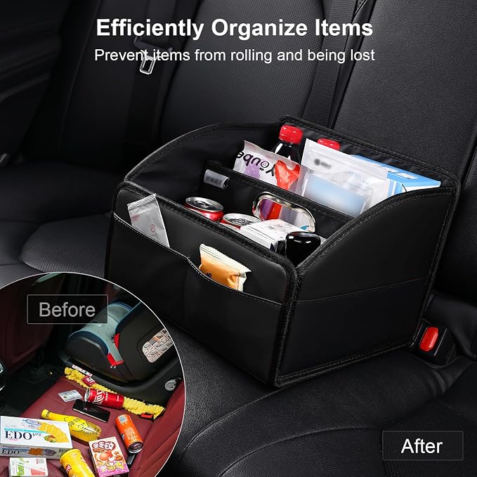 Car Storage Organizer [2025 UPDATED] Leather Car Caddy Basket for Front Seat Floor Back Seats Metal Handle 6 Compartments Adjustable Strap Buckles Slip-Resistant (Black)