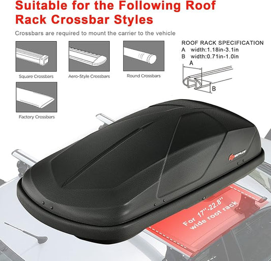 Goplus Rooftop Cargo Carrier Hard Shell, 14 Cubic Feet Waterproof Car Roof Cargo Carrier w/Dual Side Opening, Security Key, 165LBS Capacity, for 17” to 22.8” Wide Crossbar Rack, Vehicle Cargo Box