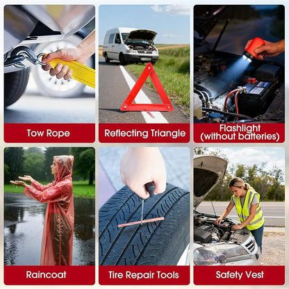 Roadside car Emergency kit, 12PCS Emergency Car Kits for Vehicles with Jumper Cables, Portable Air Compressor, Tow Strap, Survival kit, Emergency Supplies for Women,Man, New Driver Gifts