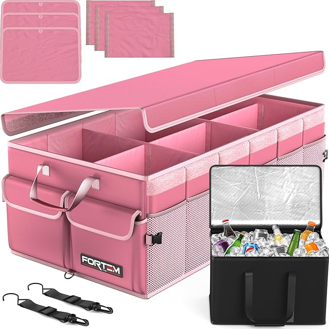 FORTEM Trunk Organizer with Cooler For SUV Car Trunk, Foldable Storage, Car Accessories for Women Men, Collapsible Bag, 600D Oxford, Non Slip Bottom, Straps, Soft Cover (105L)
