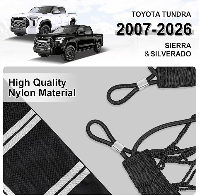 Amiss Truck Bed Cargo Net with Side Organizer, Compatible with Toyota Tundra 2007-2024 2025 2026, Portable Storage for Pickup Cargo and Heavy Duty Hook, Exterior Accessories for Car SUV