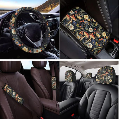 14 Pack Vintage Mushroom Car Seat Covers with Steering Wheel Protector,Armrest Cover, Seat Belt Cushion, Headrest Protector Car Coaster Keychain Universal for Most Cars SUV Trucks - Black
