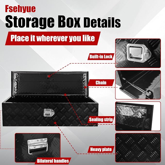 39x13x10 Inch Aluminum Truck Tool Box Heavy Duty Diamond Plate Pickup Tool Boxes Underbody Truck Bed Toolbox with Lock and Keys Suitable for Pickup RV Van Trailer Black