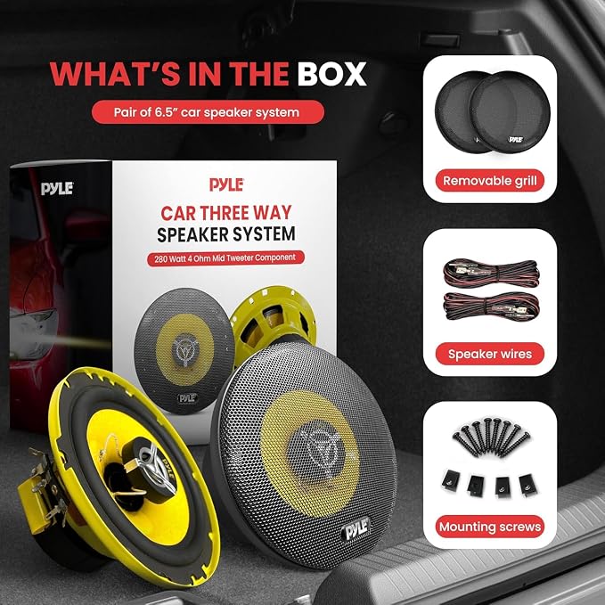 Pyle Car Three Way Speaker System - Pro 6.5 Inch 280 Watt 4 Ohm Mid Tweeter Component Audio Sound Speakers For Car Stereo w/ 40 Oz Magnet, 2.25” Mount Depth Fits Standard OEM - Pyle PLG6.3 (Pair),Yellow/Black