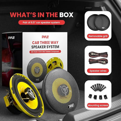 Pyle Car Three Way Speaker System - Pro 6.5 Inch 280 Watt 4 Ohm Mid Tweeter Component Audio Sound Speakers For Car Stereo w/ 40 Oz Magnet, 2.25” Mount Depth Fits Standard OEM - Pyle PLG6.3 (Pair),Yellow/Black