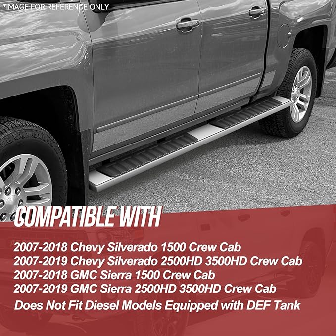 6.7" Running Boards Steps Bars Compatible with 2007-2019 Sierra/Silverado 1500 2500HD 3500HD Crew Cab, Stainless Steel, Metallic