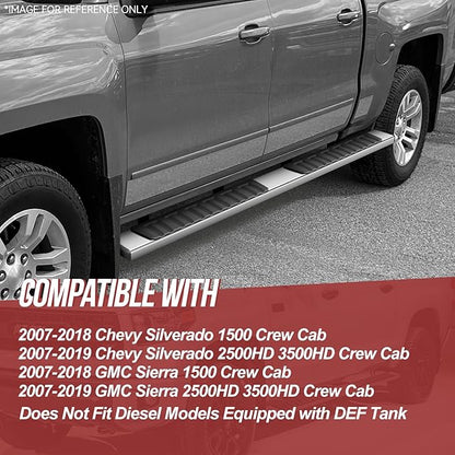 6.7" Running Boards Steps Bars Compatible with 2007-2019 Sierra/Silverado 1500 2500HD 3500HD Crew Cab, Stainless Steel, Metallic