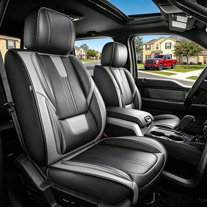 IKABEVEM for Ford F150 2009-2024 2025 2026 Seat Covers - F250 F350 F450 2017-2025 2026 Seat Protectors with Waterproof Leather(2 Front Set, Black & Grey)