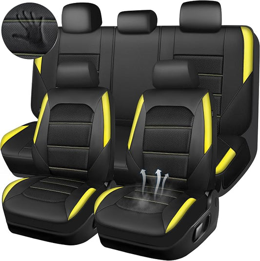 CAR PASS Memory 3D Foam Car Seat Covers Full Set, Breathable Mesh Thick Seat Covers for Car, Yellow Leather Seat Covers, Universal Automotive Comfort for SUVs Trucks,Airbag Compatible, Black Yellow