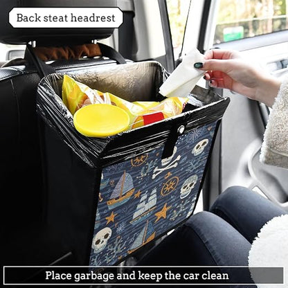 Car Trash Can Organizer Bin with Adjustable Strap for Back Front Seat Console Waterproof Leakproof Collapsible Portable 8.66 Inch Blue Pirate Skulls Sailboats Starfish and Compass