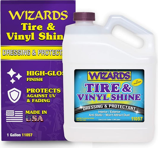 Wizards - Vinyl & Tire Shine Spray, Tire Dressing and Protectant, Professional Detail Spray, No Sling Off, Anti-static Car Detailing Spray, KeepingTires & Vinyls Look New, Car Care Products, 1 Gallon