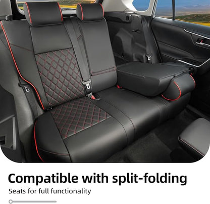 Lolcar RAV4 Seat Covers Custom Fit for Toyota RAV4 2019 2020 2021 2022 2023 2024 2025 LE,XLE,XLE Premium,Limited,Airbag Compatible,Seat Cover Full Set for SUV, Waterproof Leather（Black with Red Trim）