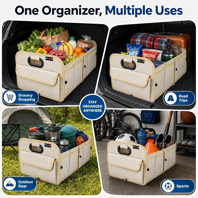 PAT SAM'S Trunk Organizer for SUV, Collapsible Car Trunk Organizer with Dividers, Waterproof 600D Oxford, Non-Slip Storage Organizer for Groceries, Tools, Travel, Truck & Car (Beige)