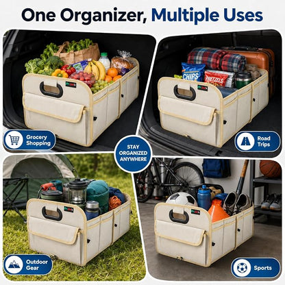 PAT SAM'S Trunk Organizer for SUV, Collapsible Car Trunk Organizer with Dividers, Waterproof 600D Oxford, Non-Slip Storage Organizer for Groceries, Tools, Travel, Truck & Car (Beige)