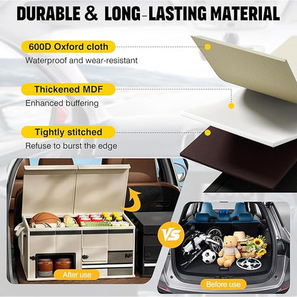 Foldable Car Trunk Organizer with Multi-Compartment – Expandable 30-60L Storage Bin, Side Mesh Pockets, Waterproof 600D Oxford Cloth, Car Accessories for SUV/Truck/Sedan, Grey, 23.6"x13.0"x11.8"