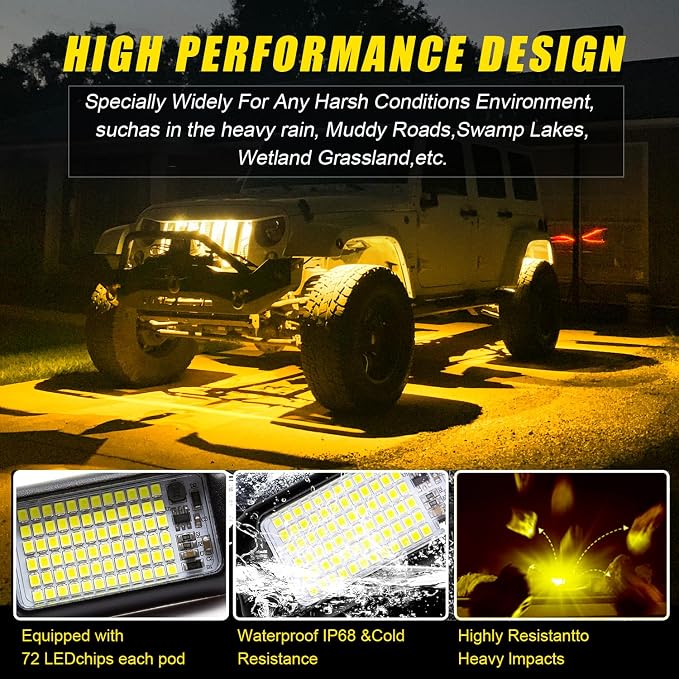 Nicoko 4Pods Pure Yellow 72 LEDs SMD Chips 72w High Power Rock Lights Super Bright Yellow Offroad Car Boat Underglow Lights IP68 Waterproof for Truck SUV UTV ATV RZR