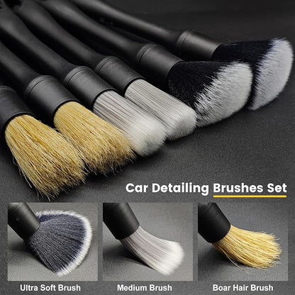 10PCS Car Detailing Brush Kit, All-in-One Interior Exterior Auto Detailing Brushes Set, Durable Ultra Soft Boars Hair Car Detail Brush, Car Cleaning Brush with Storage Bag & Car Drying Towel