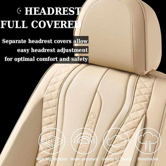 Coverado Car Seat Covers Full Set, Leather Seat Coversfor Cars, Front and Back Seat Covers, Waterproof Car Seat Protectors Car Seat Cushions Universal for Most Vehicles, Beige
