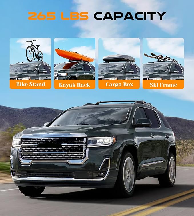 Aluminum Roof Rack Cross Bars with Lock Fit for 2017-2023 GMC Acadia (with Side Rails), 330lbs Crossbars Anti-Wobble & Wind Noise Reduction Heavy Duty Cargo Carrier