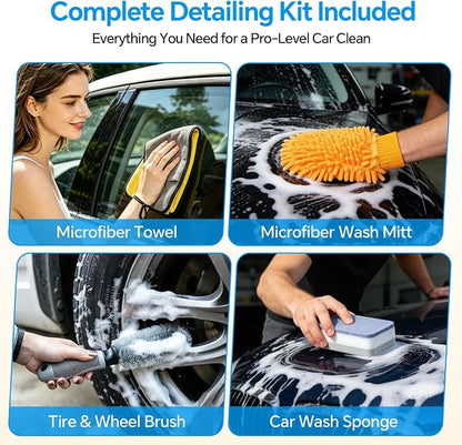 7-in-1, Car Wash Brush 15°Curved with 47" Long Handle and 90° Rotating Replaceable Brush Head, Car Wash Kit with Microfiber Towel and Tire Brush for Car, SUV, RV, Floor Cleaning-White.