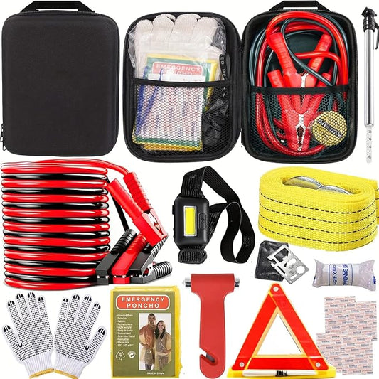 Car Emergency Kit with Battery Jumper Cables, Car Accessories Men Or Women, Emergency Car Kit, Roadside Automotive Safety Kit Car, Vehicle, Truck Or SUV, Gifts Men Or Him, Black