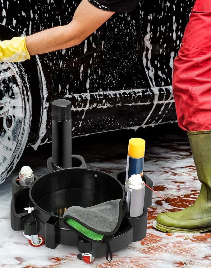 QWORK Bucket Dolly, Detailing Cart for 5 Gallon Car Wash Bucket, Rolling Bucket Dolly with 5 Rolling Swivel Casters and Compartments, for Car Washing Detailing System