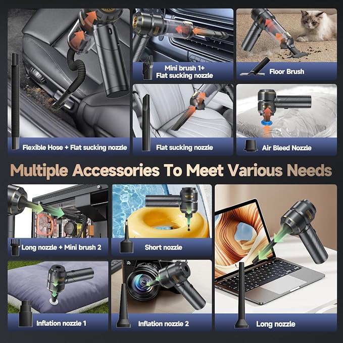 Car Vacuum Portable Cordless, Foldable Handheld Vacuum with Brushless Motor, 22000PA High Power Mini Hand Vacuum Cleaner & Air Blower & Duster & Pump for Home, Pet, Office