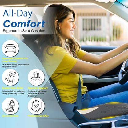 Car Seat Cushion: Ergonomic Memory Foam Car Cushion for Sciatica Pain Relief, Larger Driving Seat Pillow for Short Drivers on Long Drives - Butt Pillow for Truck, Office, Wheelchair - Gray
