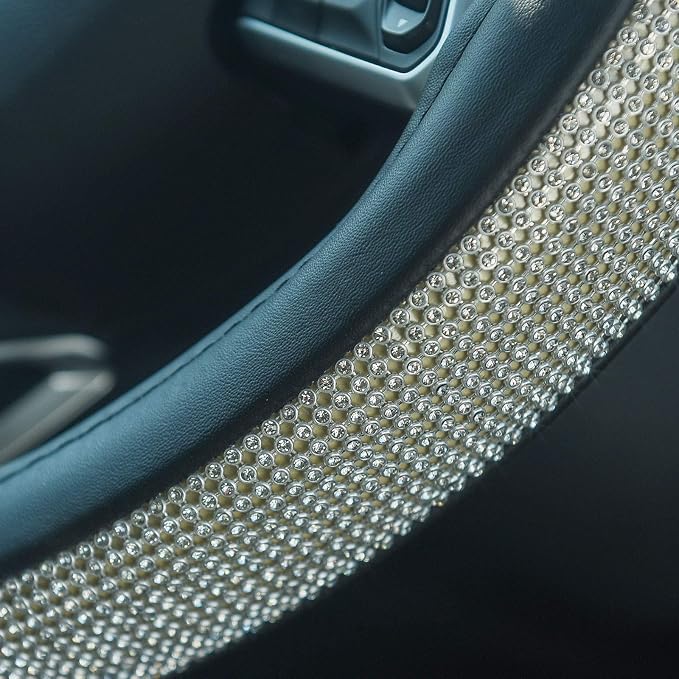ChuLian D Sharp Diamond Leather Steering Wheel Cover with Bling Bling Crystal Rhinestones, Universal Fit 15 Inch Car Wheel Protector for Women Girls,Black