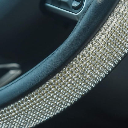 ChuLian D Sharp Diamond Leather Steering Wheel Cover with Bling Bling Crystal Rhinestones, Universal Fit 15 Inch Car Wheel Protector for Women Girls,Black
