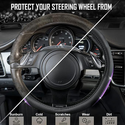 CAR PASS Bling Diamond Black Leather Steering Wheel Cover, Studded Crystal Rhinestones Universal Fit 14" 1/2-15" Glitter for Women Sparkle Girl Fit Suvs,Vans,Sedans,Car,Trucks, Purple Diamond
