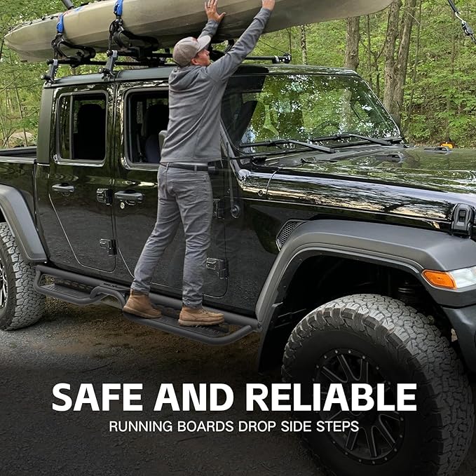 Running Boards Compatible with 2020-2026 Jeep Gladiator JT 4 Doors, Heavy-Duty Steel Nerf Bars Two Stairs Design Side Steps Bolt-on Step Plates Rock Sliders Rail