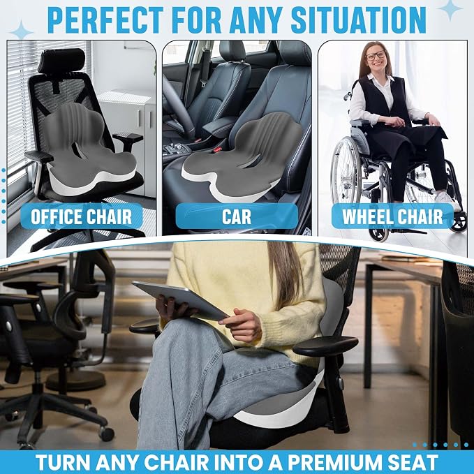 Large Memory Foam Seat Cushion Lumbar Support Pillow for Sciatica & Tailbone Pressure Relief Coccyx Pad for Office Chair, Car,Wheelchair,Home,Office