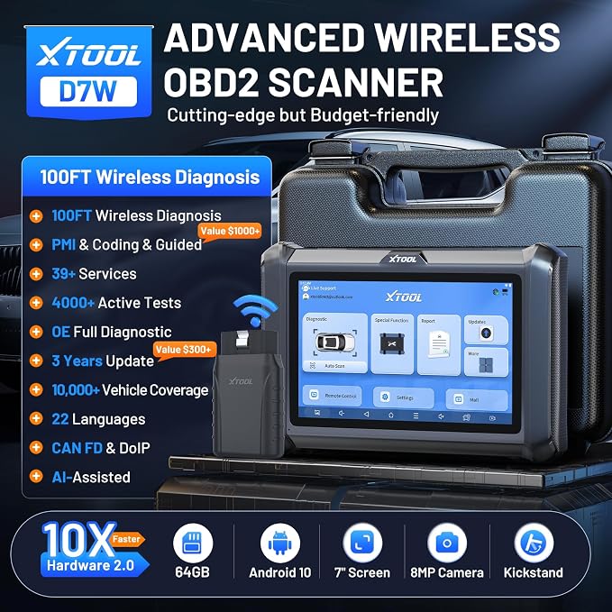 XTOOL D7W OBD2 Scanner Diagnostic Tool: 2026 Wireless Ver. of D7/D7S/D7BT, AI-Assisted Bidirectional Scan Tool with Full System Diagnostic, PMI, ECU Coding, 39+ Resets, CAN FD/DoIP, Scanner for Car