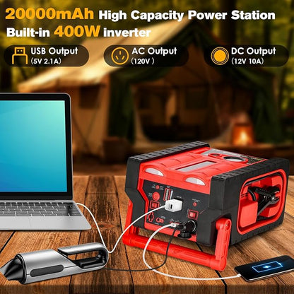 2000A 12V Solar Car Battery Jump Starter-20000 mAh Portable Power Station with 100 PSI Faster Air Compressor, 400W Inverter AC/DC/USB Ports and LED Lights, for Up to 10L Gas and 8.5L Diesel Engine