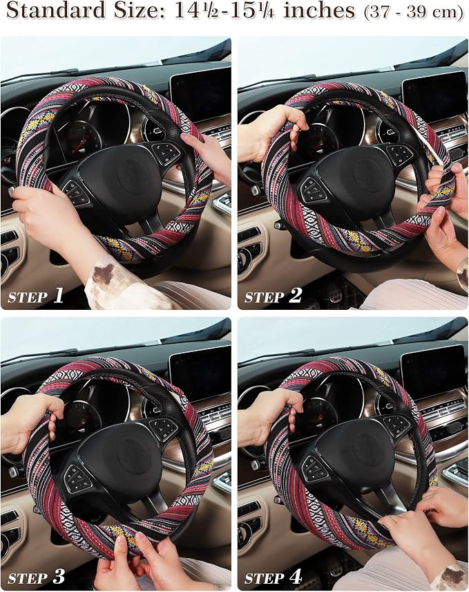 SEG Direct Boho Steering Wheel Cover with Baja Blanket Cloth, Ethnic Style Auto Wheel Cover Made of Coarse Flax, Fits 14 1/2-15 1/4 inches Car Wheel
