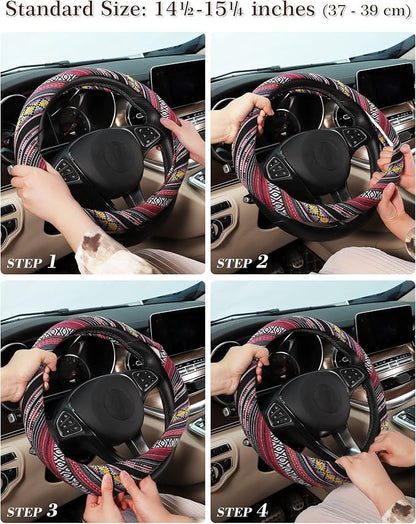 SEG Direct Boho Steering Wheel Cover with Baja Blanket Cloth, Ethnic Style Auto Wheel Cover Made of Coarse Flax, Fits 14 1/2-15 1/4 inches Car Wheel