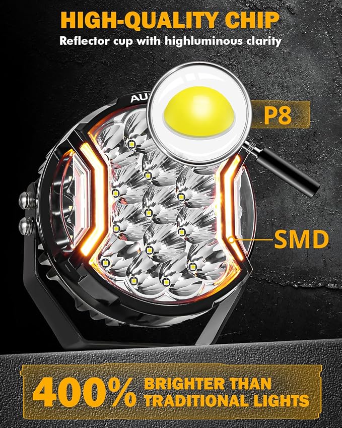 Auxbeam V-Ultra Series 7 Inch LED Pod Lights, 226W 26800LM Side Shooter Offroad Round Pods with Amber DRL& Black Cover, 270° Ultra-Wide Spotlights Universal Dual Color Light for Jeep ATV UTV, Pair