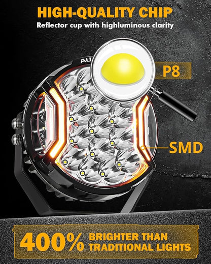Auxbeam V-Ultra Series 7 Inch LED Pod Lights, 226W 26800LM Side Shooter Offroad Round Pods with Amber DRL& Black Cover, 270° Ultra-Wide Spotlights Universal Dual Color Light for Jeep ATV UTV, Pair