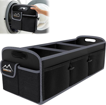 M KARMATER Car Trunk Organizer,Machine Washable PP Materials 3 Compartments Car Storage,95L Waterproof Polyester Cars Accessories Organizer and 6 Pockets, Suitable for SUV, Minivan, Truck(Black)