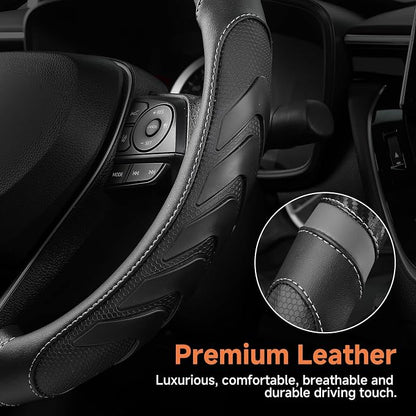 West Llama Carbon Fiber Leather Steering Wheel Cover with Anti-Slip Grip, 3D Textured Design, 14.5-15 Inch Car Steering Wheel Cover, Durable Interior Accessory（Standard Size-Black+Gray