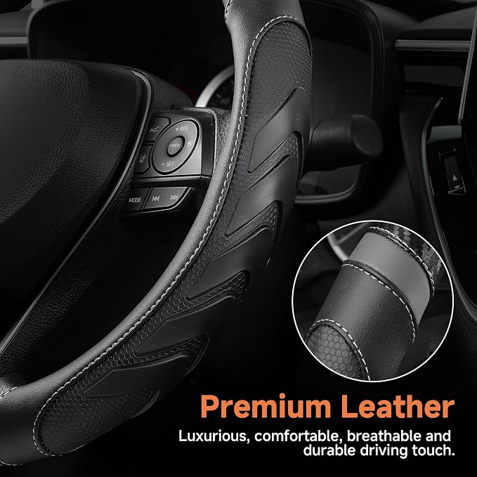 West Llama Truck Steering Wheel Cover for Ford F-150 F-250 F-350 Expedition Ram 1500 2500 3500 Tacoma Tundra, Anti-Slip Grip, 15.5-16 Inch Large Car Steering Wheel Cover (Large Size-Black+Gray)