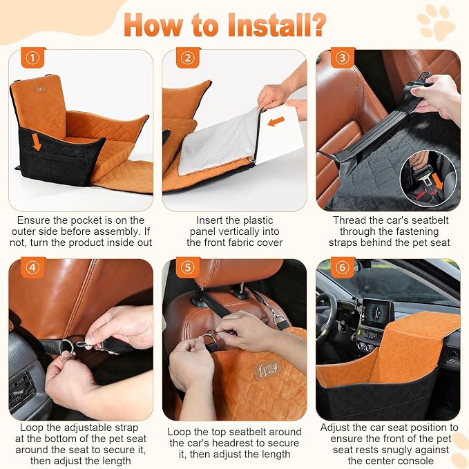 Elevated Dog Car Seat, Dog Booster Car Seats for Small & Medium Breeds Up to 35lbs, Fully Detachable and Washable, Soft Foam Pet Carseat with 2 Storage Pockets & 3 Safety Belts, Black + Brown