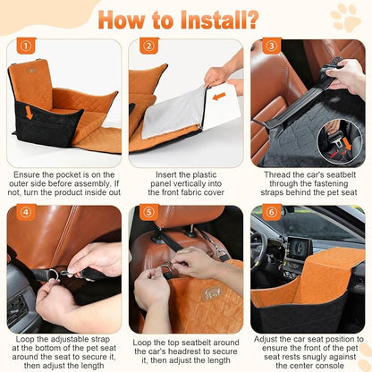 Elevated Dog Car Seat, Dog Booster Car Seats for Small & Medium Breeds Up to 35lbs, Fully Detachable and Washable, Soft Foam Pet Carseat with 2 Storage Pockets & 3 Safety Belts, Black + Brown