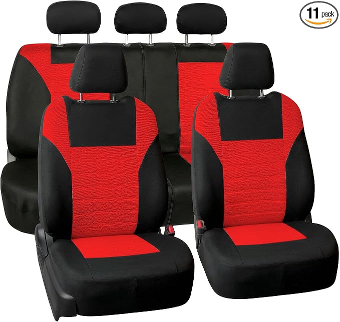 FH Group Automotive Car Seat Covers Full Set Premium 3D Air Mesh Front Seat Covers, Airbag Compatible & Split Bench Cover Universal Fit Interior Accessories for Cars Trucks and SUVs - Red