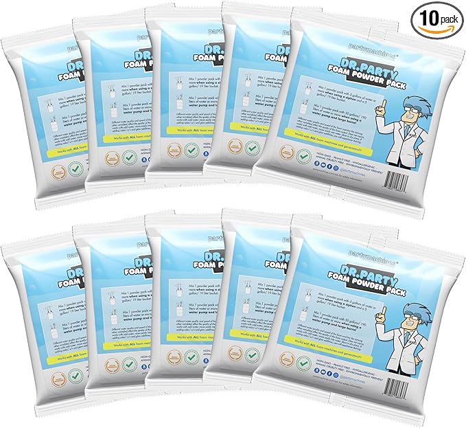 Foam Party Machine Solution - Powder Pack of 10 for Several Hundred Gallons of Foam Solution - Most Trusted Available - Great for Bubble Party Cannons