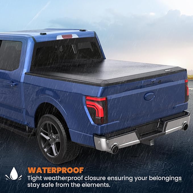 KUIPERAUTO 6.5 FT Quad 4-Fold Soft Folding Truck Bed Tonneau Cover Compatible with Ford F150 F-150 2009-2014 Styleside Fourth Fold (Excl Raptor Series) Without Utility Track System Truck Bed Cover 78“